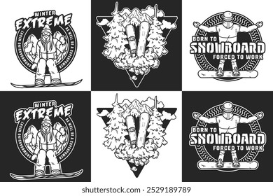 Set of emblems with snowboarder woman, snowy mountain landscape and snowboarder man posing with his arms outstretched, designed for winter sports enthusiasts