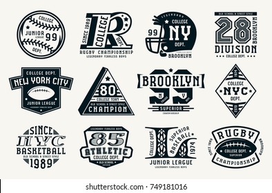 Set of emblems in sport style. Baseball, basketball and rugby themes. Graphic design for t-shirt. Black print on white background