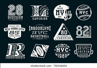 Set of emblems in sport style. Baseball, basketball and rugby themes. Graphic design for t-shirt. White print on black background