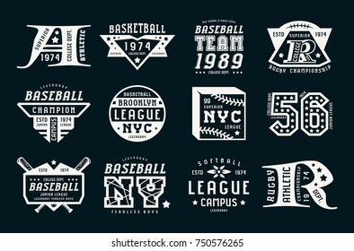 Set of emblems in sport style. Baseball, basketball and rugby themes. Graphic design for t-shirt. White print on black background