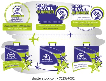 A set of emblems, stickers about travel, rest.Summer travel and tourism background.Logo for travel on a sticker, poster, card, business card for a travel company.Vector icon.Picture tour in summer.