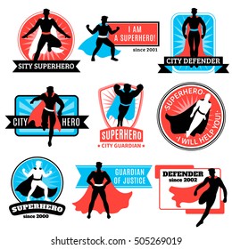 Set Of Emblems And Stickers With Flying Jumping Running Superhero Silhouettes And Words Defender And Guardian Isolated Vector Illustration