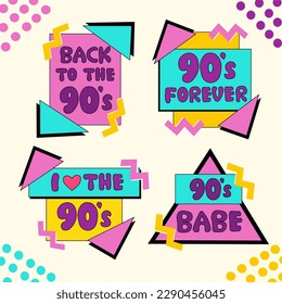 Set of emblems, stickers, logo and labels of the 90s. Back to 90s. I love the 90. Forever Young. 90s style label lettering, abstract geometric shapes. Vector illustration retro 