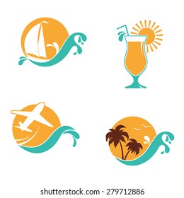 Set of emblems with sun and waves for summer holidays, vacation and travel design