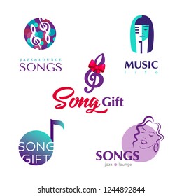 Set emblems template music, song, sound, gift. Corporate branding identity, logotype icon isolated on white background. Vector