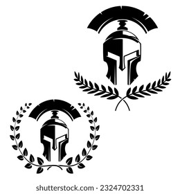 Set of the emblems templates with helmet. Spartan warrior helmets with laurel wreaths. Design elements for logo, label, emblem, sign. Vector illustration.