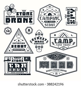 Set of emblems for t-shirt. Camping, drone, car service, skateboarding. Black print on white background