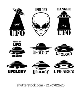 Set of emblems with ufo, alien. Ufology signs. Vector illustration