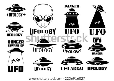Set of emblems with ufo, alien. Ufology signs. Vector illustration