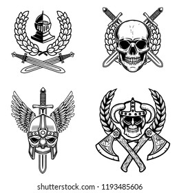 Set of emblems with viking ancient weapon. Design element for logo, label, emblem, sign, poster. Vector illustration