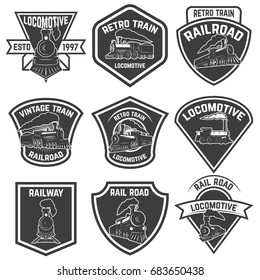 Set of the emblems with vintage trains isolated on white background. Design elements for logo, label, emblem, sign, badge. Vector illustration