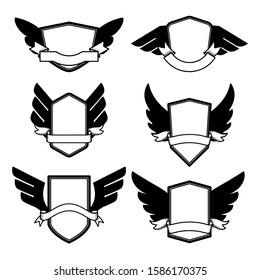 Set of emblems with wings. Design element for logo, label, emblem, sign, badge. Vector illustration