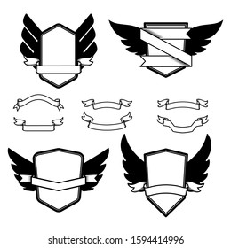 Set of emblems with wings. Design element for logo, label, emblem, sign, badge. Vector illustration