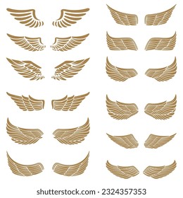 Set of the emblems with wings in gold style isolated on white background.  Design element for logo, label, emblem, sign. Vector illustration.