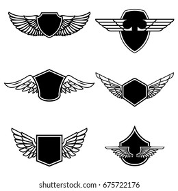 Set of emblems with wings isolated on white background. Design elements for logo, label, emblem, sign, badge. Vector illustration