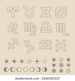 A set of emblems of the zodiac constellations. The symbolism of the horoscope, astrology