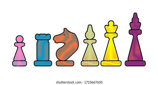 Set of embroidered chess sport related colorful icons. Vector stock illustrations included pawn, rook, hourse, bishop, queen, king icons, isolated on white background.