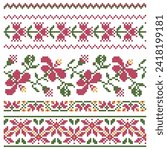 set of embroidered cross stitch border patterns with floral elements