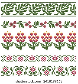 set of embroidered cross stitch border patterns with floral elements