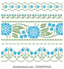 set of embroidered cross stitch border patterns with floral elements