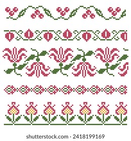 set of embroidered cross stitch border patterns with floral elements