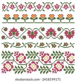 set of embroidered cross stitch border patterns with floral elements