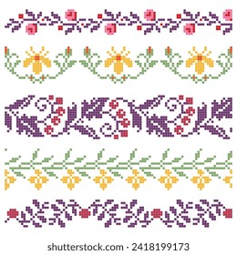 set of embroidered cross stitch border patterns with floral elements