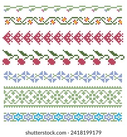 set of embroidered cross stitch border patterns with floral elements