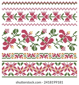 set of embroidered cross stitch border patterns with floral elements