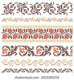 set of embroidered cross stitch border patterns with floral elements