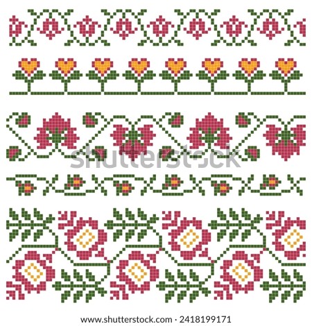 set of embroidered cross stitch border patterns with floral elements