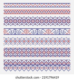 Set of embroidered cross-stitch seamless border pattern. Vector illustration