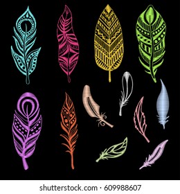 Set of embroidered feathers on a black background. Vector illustration of a sketch style.