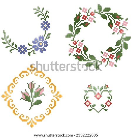 set of embroidered floral wreath cross stitch patterns