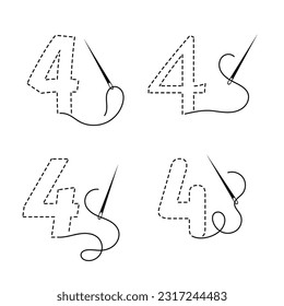 Set of embroidered number four with interrupted contour in four variants. Hand made vector illustration with black embroidery thread and sewing needle on white background
