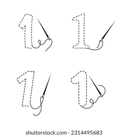 Conjunto de bordados número uno con contorno interrumpido en cuatro variantes. Ilustración vectorial hecha a mano con hilo de bordado negro y aguja de coser sobre fondo blanco