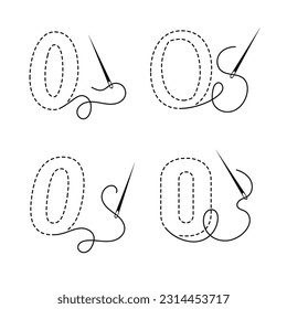 Conjunto de número cero bordado con contorno interrumpido en cuatro variantes. Ilustración vectorial hecha a mano con hilo de bordado negro y aguja de coser sobre fondo blanco	