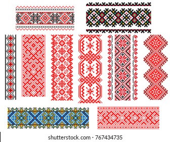 Set of embroidered old handmade cross-stitch ethnic Ukrainian patterns. Seamless ornament