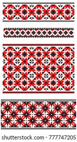 Set of embroidered old handmade cross-stitch ethnic Ukrainian patterns. Red and black ornaments