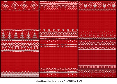 Set of embroidered pattern vector. Christmas theme empty banners with ornaments, decor for xmas. Pine and geometric shapes. Hearts and decorative elements on blank cards flat style illustration
