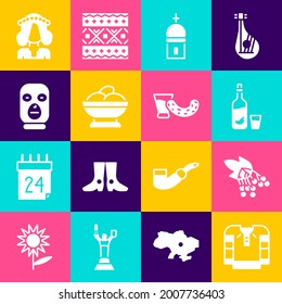 Set Embroidered shirt, Branch viburnum, Vodka with pepper and glass, Church tower, Varenyky in bowl, Thief mask, Ukrainian woman and Glass vodka icon. Vector