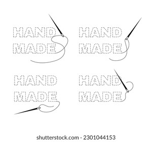 Set of embroidered words "hand made" with interrupted contour. Vector illustration with black embroidery thread and sewing needle on white background.	