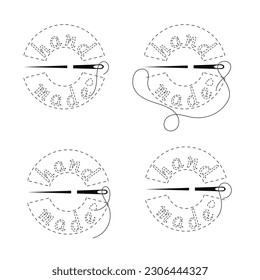 Conjunto de palabras bordadas "hechas a mano" con contorno interrumpido. Ilustración vectorial con hilo de bordado negro y aguja de coser sobre fondo blanco.