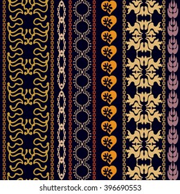 Set of embroidery borders with bohemian motifs. Hand drawn seamless scroll pattern, hearts, damask borders, geometric stripes. Vintage textile collection. Golden, silver shadows on dark blue. 