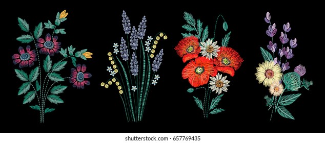 Set of embroidery bouquet on black background. Different flower compositions, wildflowers. Folk line trendy pattern for clothes, dress, decor. Colorful satin stitch floral design. 