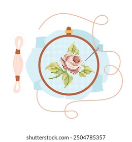 A set of embroidery elements, handmade, hobby. Panels with embroidered cross-stitch rose. Vector.