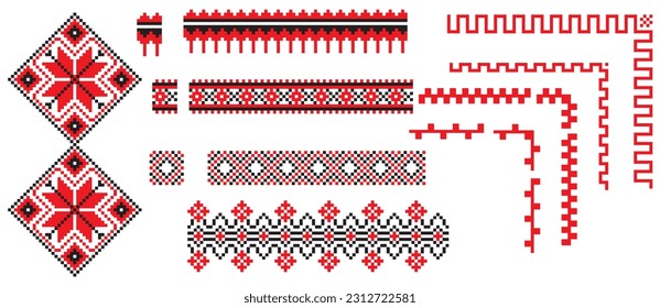 Set of embroidery in ethnic style, boho style, Slavic, folk, geometric pattern, Ukrainian embroidery in red and black colors. Vector graphics