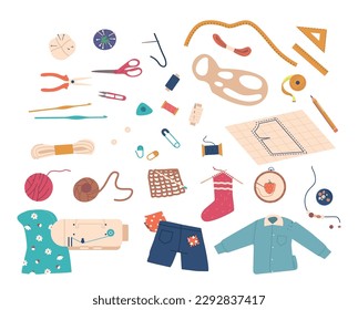 Set Of Embroidery And Knitting Items, Including Colorful Threads, Needles, And Knitting Tools for Creating Handmade