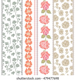 Set of embroidery lace borders with boho motifs. Hand drawn blooming roses, seamless floral pattern. Vintage textile collection. Golden, silver shadows on white. 
