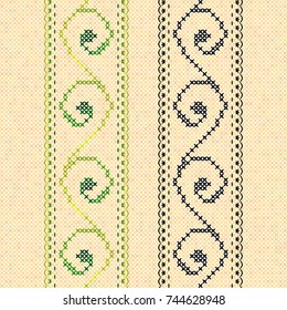 Set of embroidery ornamental colored seamless pattern. Decorative vintage vertical border. 